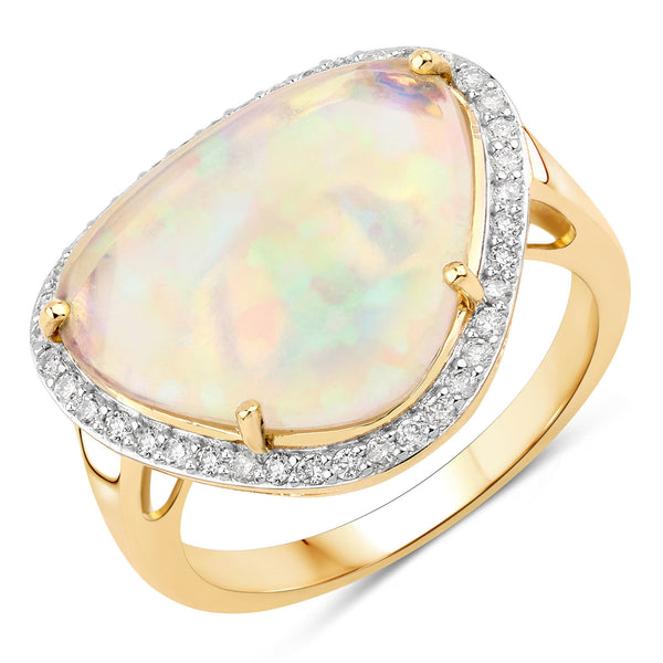 3.88 Carat Genuine Ethiopian Opal and White Diamond 14K Yellow Gold Ring