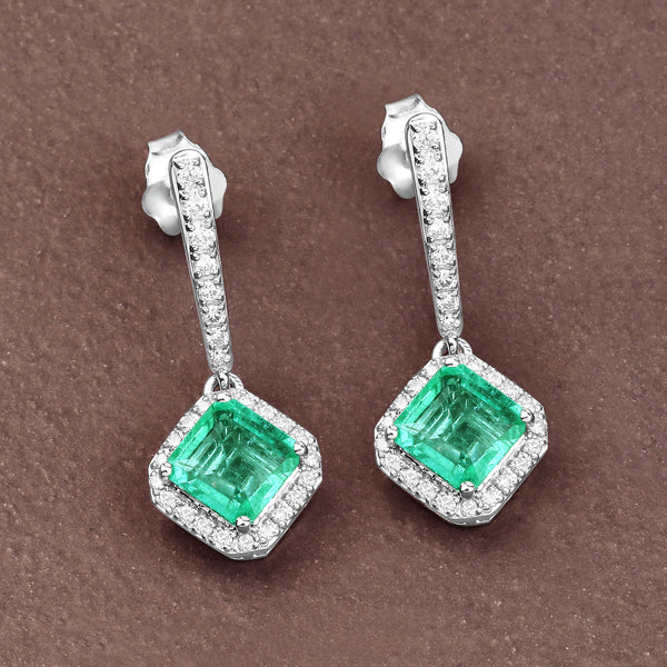 1.97 Carat Genuine Emerald and White Diamond 14K White Gold Earrings