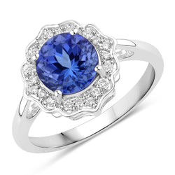 2.09 Carat Genuine Tanzanite and White Diamond 14K White Gold Ring