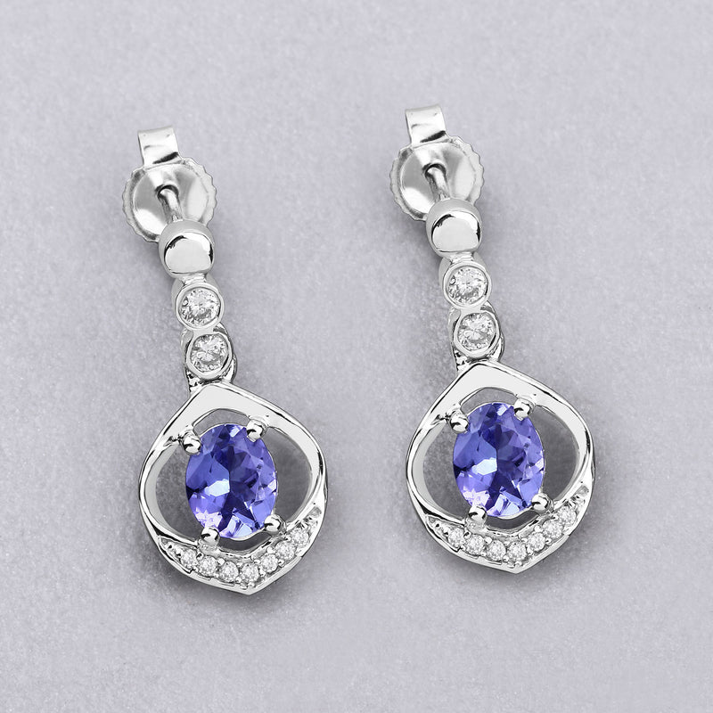 0.76 Carat Genuine Tanzanite and White Diamond 14K White Gold Earrings