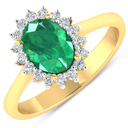 1.87 Carat Genuine Zambian Emerald and White Diamond 14K Yellow Gold Ring