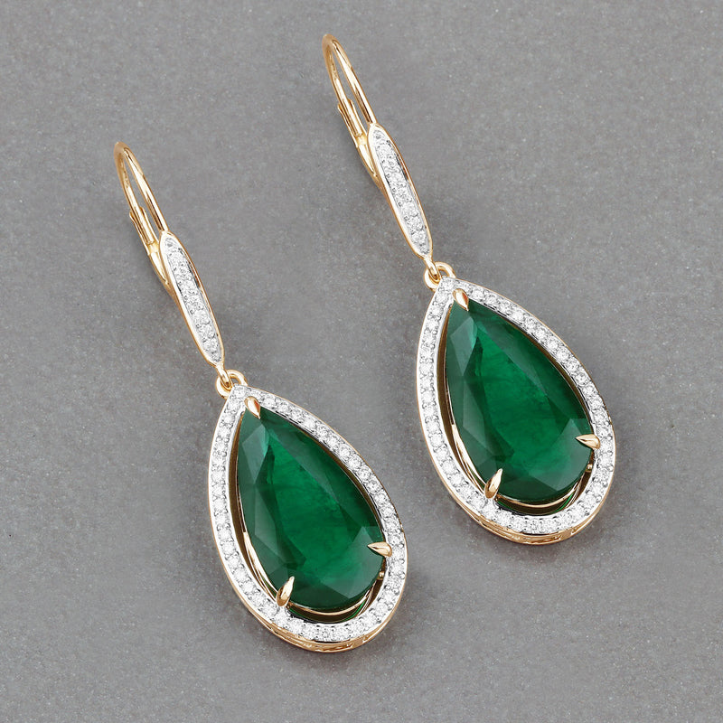 IGI Certified 16.15 Carat Genuine Zambian Emerald and White Diamond 14K Yellow Gold Earrings