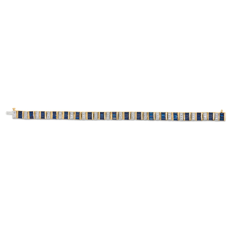 14K Yellow Gold 2/5 Cttw Diamond & 8.0 Cttw Baguette Cut Blue Sapphire Alternating Link Bracelet (G-H Color, VS1-VS2 Clarity) - 7" Inches