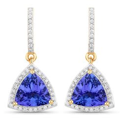 3.86 Carat Genuine Tanzanite and White Diamond 14K Yellow Gold Earrings