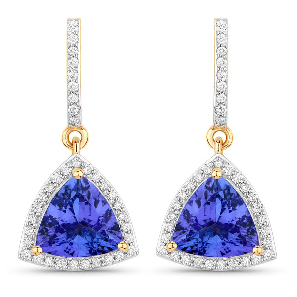 3.86 Carat Genuine Tanzanite and White Diamond 14K Yellow Gold Earrings