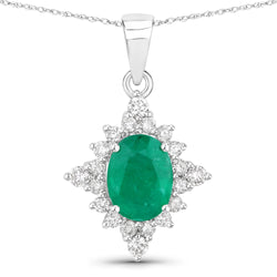 1.54 Carat Genuine Zambian Emerald and White Diamond 14K White Gold Pendant