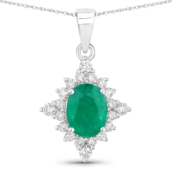 1.54 Carat Genuine Zambian Emerald and White Diamond 14K White Gold Pendant