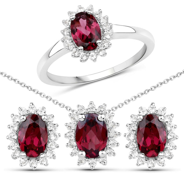 3.70 Carat Genuine Rhodolite Garnet and White Topaz .925 Sterling Silver 3 Piece Jewelry Set (Ring, Earrings, and Pendant w/ Chain)