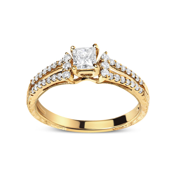 14K Yellow Gold Diamond 5/8 Cttw Princess Diamond Split Shank and Milgrain Engagement Ring (G-H Color, VS2-SI1 Clarity) - Size 7