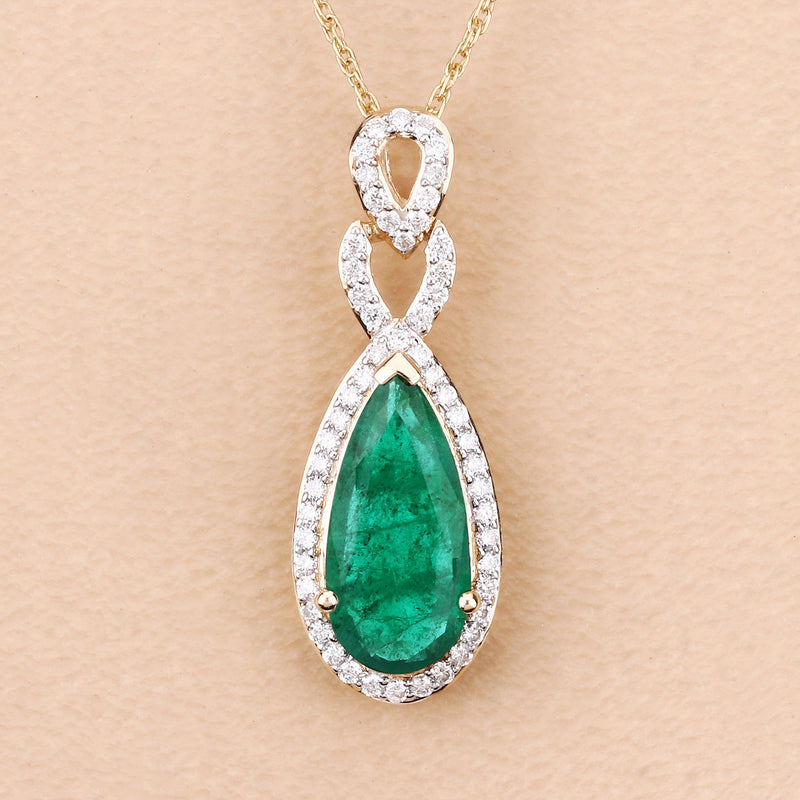 IGI Certified 1.90 Carat Genuine Zambian Emerald and White Diamond 14K Yellow Gold Pendant