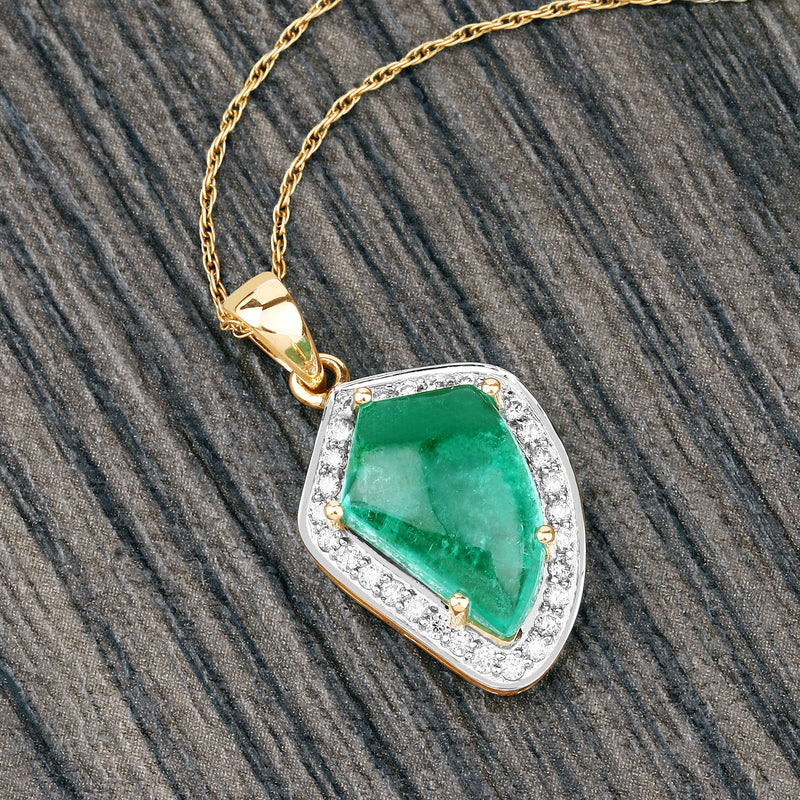 5.52 Carat Genuine Zambian Emerald and White Diamond 14K Yellow Gold Pendant