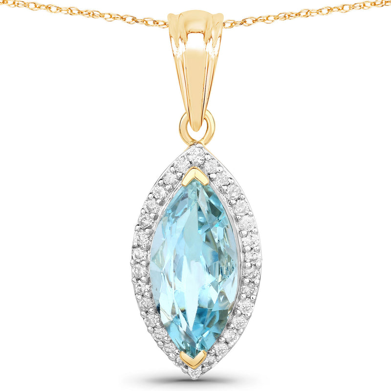 2.77 Carat Genuine Aquamarine and White Diamond 14K Yellow Gold Pendant