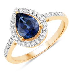 1.71 Carat Genuine Blue Sapphire and White Diamond 14K Yellow Gold Ring