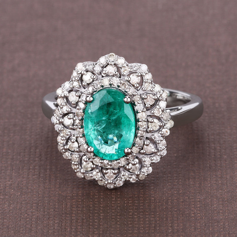 2.17 Carat Genuine Emerald and White Diamond .925 Sterling Silver Ring