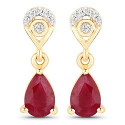 0.85 Carat Genuine Mozambique Ruby And White Diamond 10K Yellow Gold Earrings