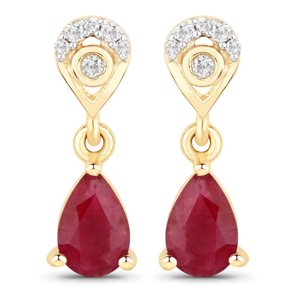 0.85 Carat Genuine Mozambique Ruby And White Diamond 10K Yellow Gold Earrings