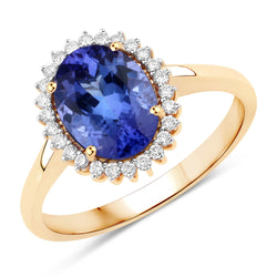 2.03 Carat Genuine Tanzanite and White Diamond 14K Yellow Gold Ring