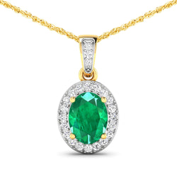 1.18 Carat Genuine Zambian Emerald and White Diamond 14K Yellow Gold Pendant