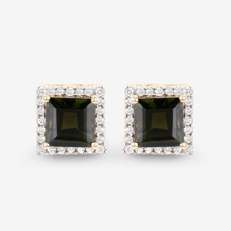 1.55 Carat Genuine Green Tourmaline and White Diamond 14K Yellow Gold Earrings