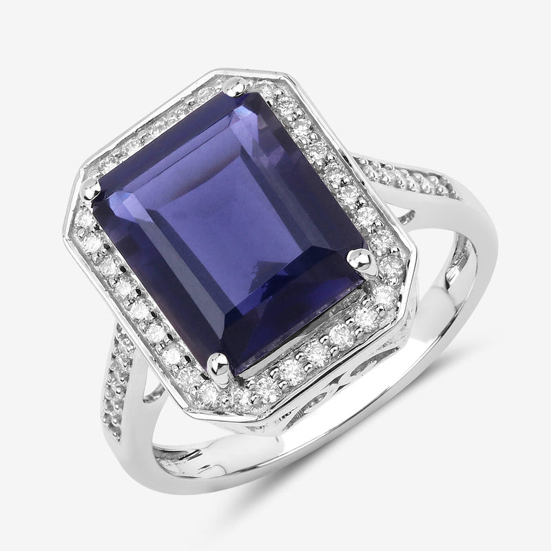 3.70 Carat Genuine Iolite and White Diamond 14K White Gold Ring