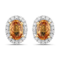 1.66 Carat Genuine Orange Sapphire and White Diamond 14K Yellow Gold Earrings