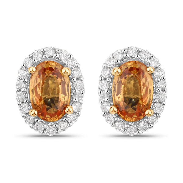 1.66 Carat Genuine Orange Sapphire and White Diamond 14K Yellow Gold Earrings