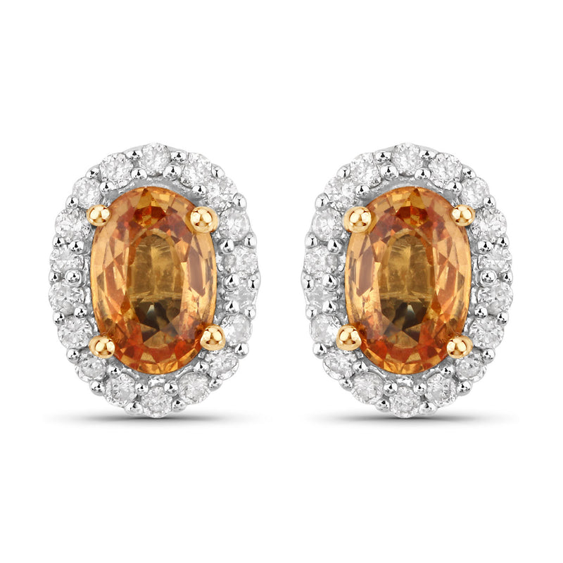 1.66 Carat Genuine Orange Sapphire and White Diamond 14K Yellow Gold Earrings