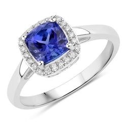 1.48 Carat Genuine Tanzanite and White Diamond 14K White Gold Ring