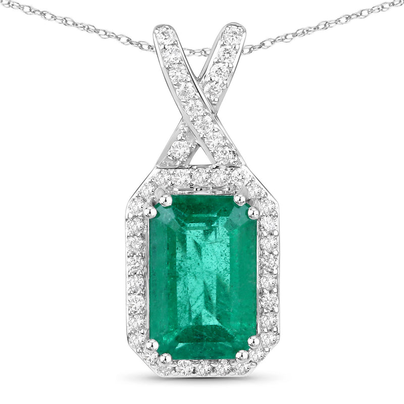 IGI Certified 2.31 Carat Genuine Zambian Emerald and White Diamond 14K White Gold Pendant