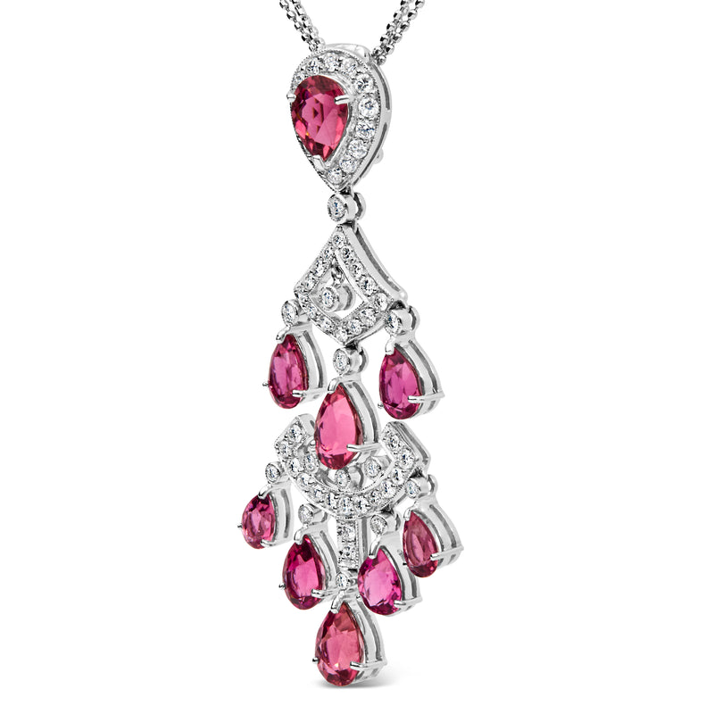 18K White Gold 1 1/10 Cttw Diamond and Pink Tourmaline Double-Strand Art Deco Inspired Chandelier 18" Pendant Necklace (F-G Color, VVS2-VS1 Clarity)