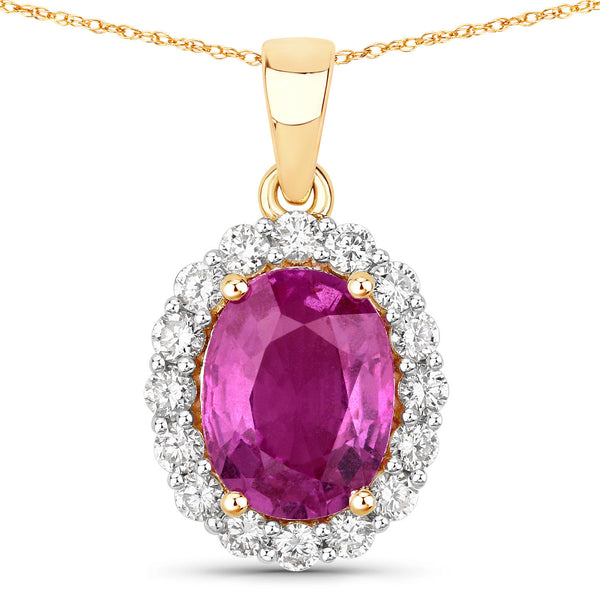 3.71 Carat Genuine Pink Sapphire and White Diamond 14K Yellow Gold Pendant