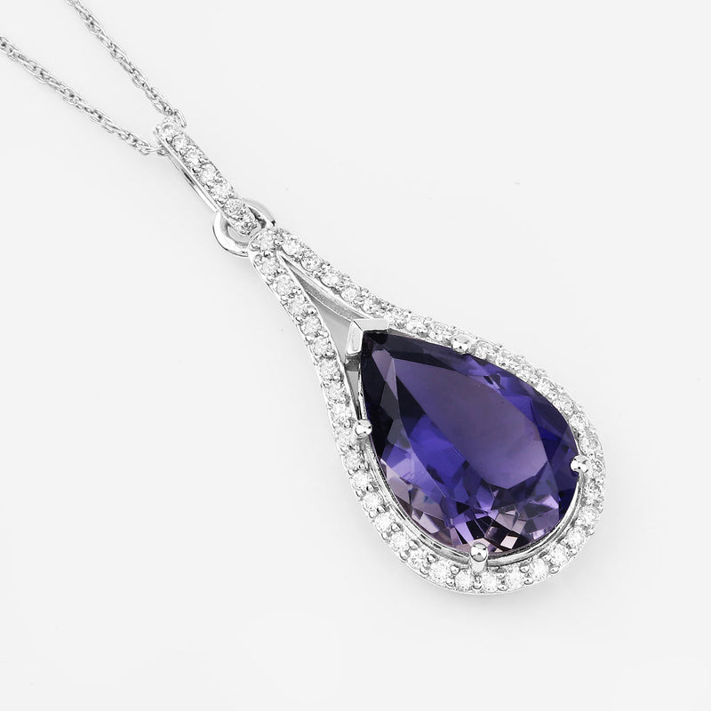 5.42 Carat Genuine Iolite and White Diamond 14K White Gold Pendant