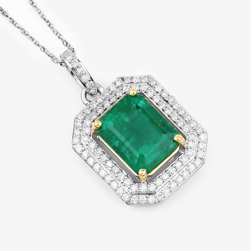 IGI Certified 3.51 Carat Genuine Zambian Emerald and White Diamond 14K Yellow & White Gold Pendant