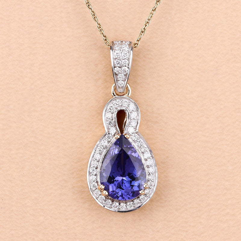 2.25 Carat Genuine Tanzanite and White Diamond 14K Yellow Gold Pendant