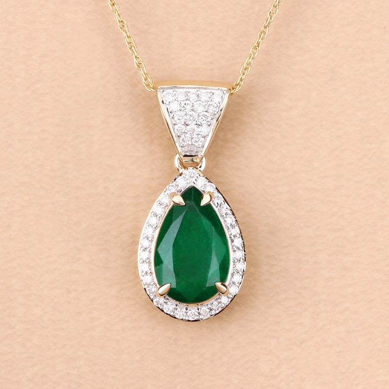 IGI Certified 2.59 Carat Genuine Zambian Emerald and White Diamond 14K Yellow Gold Pendant