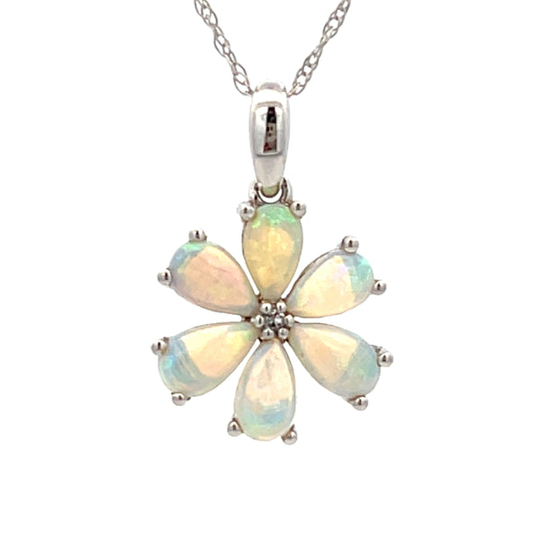 .01ct Opal Diamond Flower Pendant 14KT White Gold