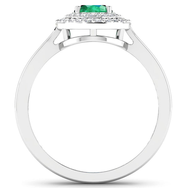 0.88 Carat Genuine Zambian Emerald and White Diamond 14K White Gold Ring