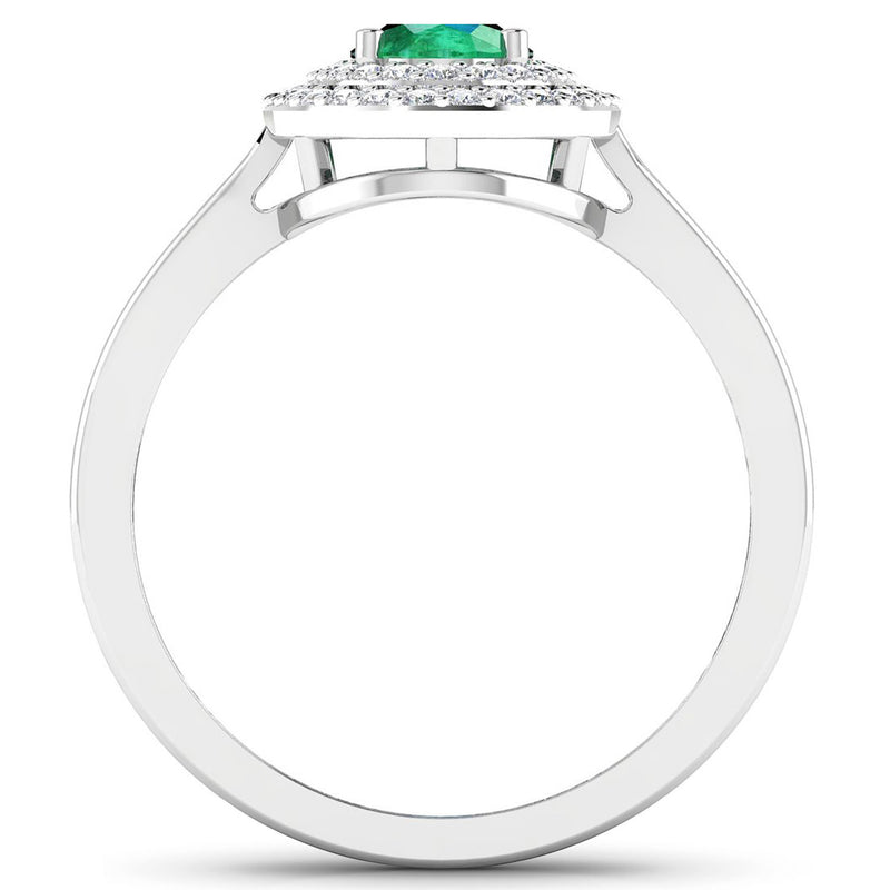 0.88 Carat Genuine Zambian Emerald and White Diamond 14K White Gold Ring