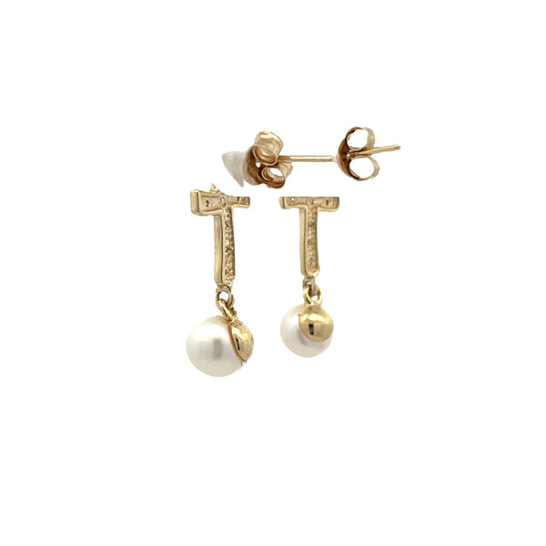 .02ct FW Pearl Diamond Earrings 10KT Yellow Gold