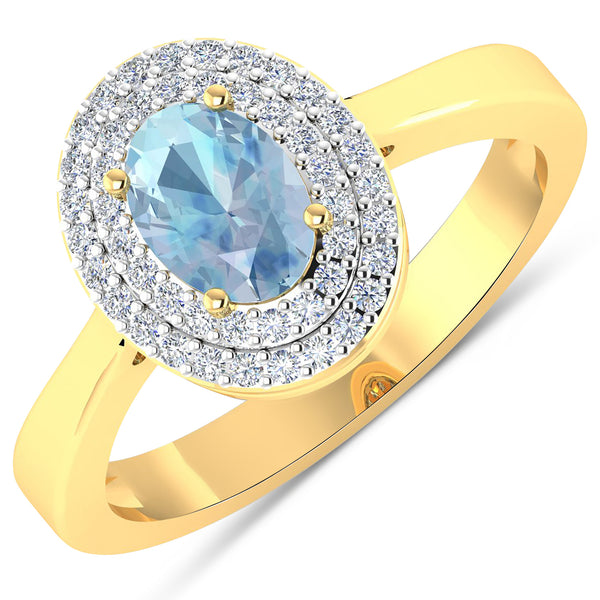 0.76 Carat Genuine Aquamarine and White Diamond 14K Yellow Gold Ring