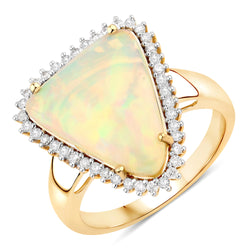 2.84 Carat Genuine Ethiopian Opal and White Diamond 14K Yellow Gold Ring