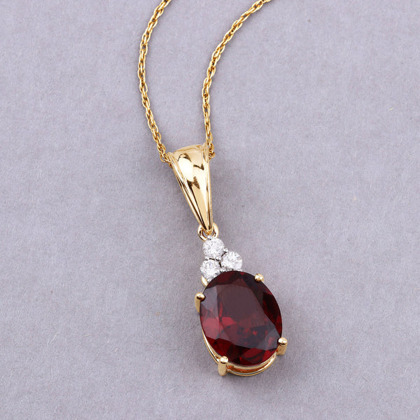 2.84 Carat Genuine Rhodolite and White Diamond 14K Yellow Gold Pendant