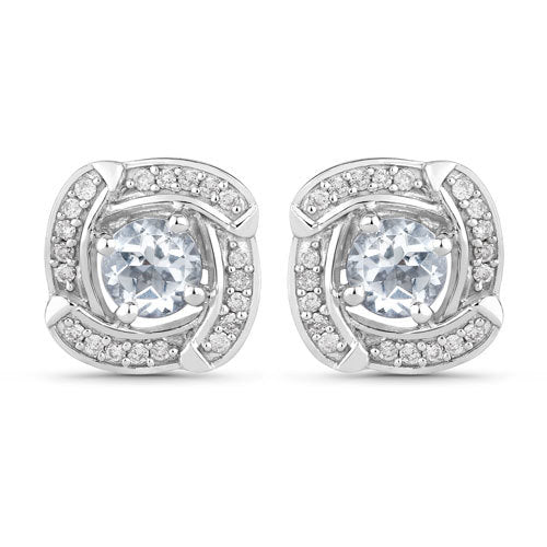 0.56 Carat Genuine Aquamarine and White Diamond 14K White Gold Earrings