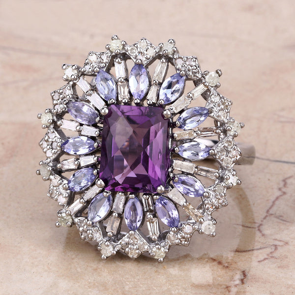 4.39 Carat Genuine Tanzanite, Amethyst and White Diamond .925 Sterling Silver Ring