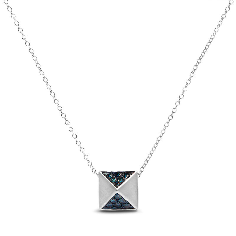 14K White Gold 1/4 Cttw Treated Blue Diamond Matte Finished Pyramid Pendant Necklace (Blue Color, SI1-SI2 Clarity) - 18" Inches