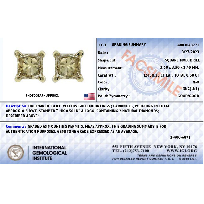 IGI Certified 14k Yellow Gold 1/2 cttw 4-Prong Set Princess-Cut Solitaire Diamond Push Back Stud Earrings (N-O Color, SI2-I1 Clarity)