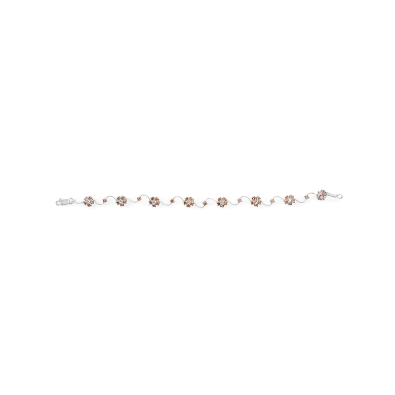 10K White Gold 4.0 Cttw Champagne and White Diamond Floral Cluster and Station Link Bracelet (H-I Color, SI2-I1 Clarity) - 7" Inches