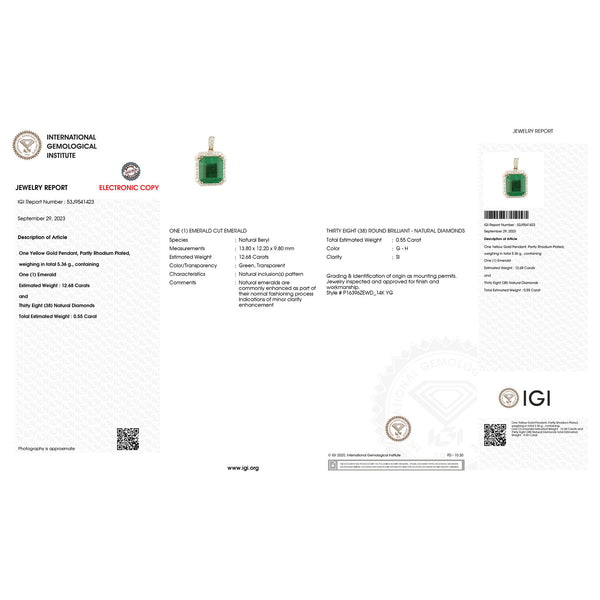 IGI Certified 13.23 Carat Genuine Zambian Emerald and White Diamond 14K Yellow Gold Pendant