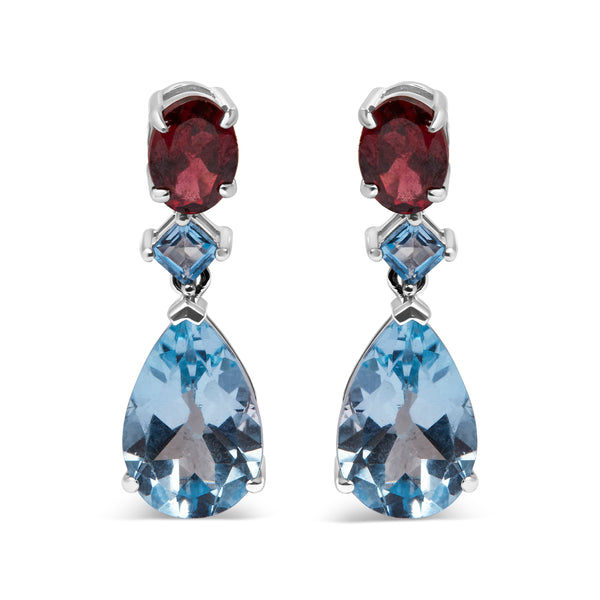 .925 Sterling Silver 10.0 Carat Blue Topaz and Grape Rhodolite Garnet Dangle Drop Earrings 1" Inch Dangle Length