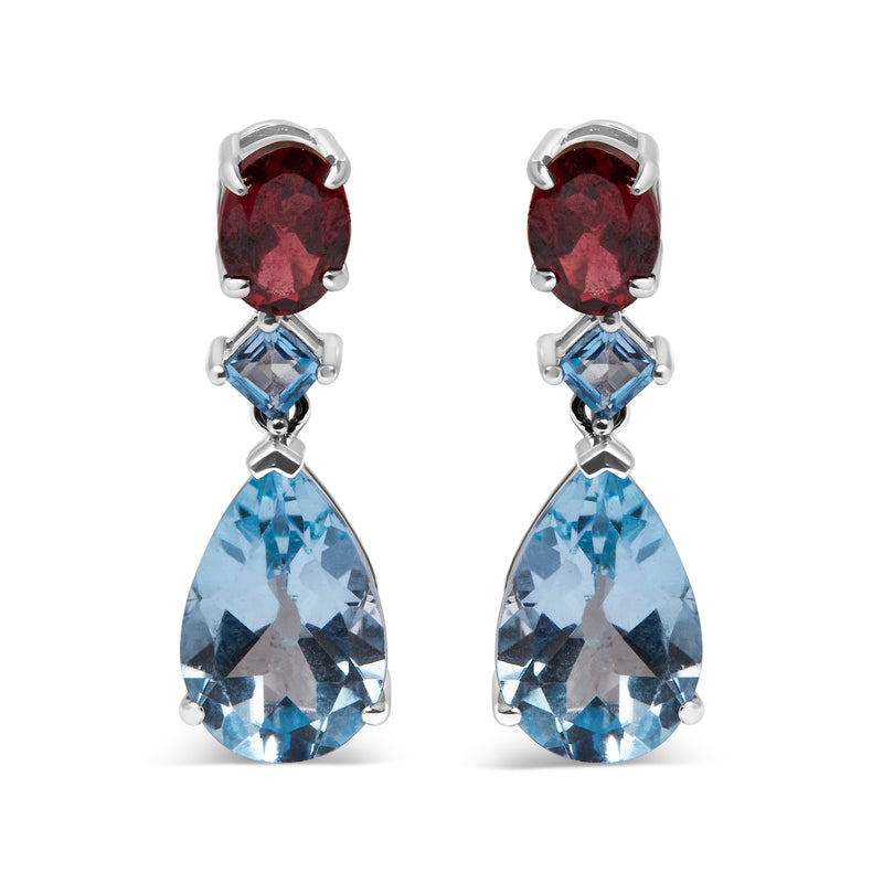 .925 Sterling Silver 10.0 Carat Blue Topaz and Grape Rhodolite Garnet Dangle Drop Earrings 1" Inch Dangle Length